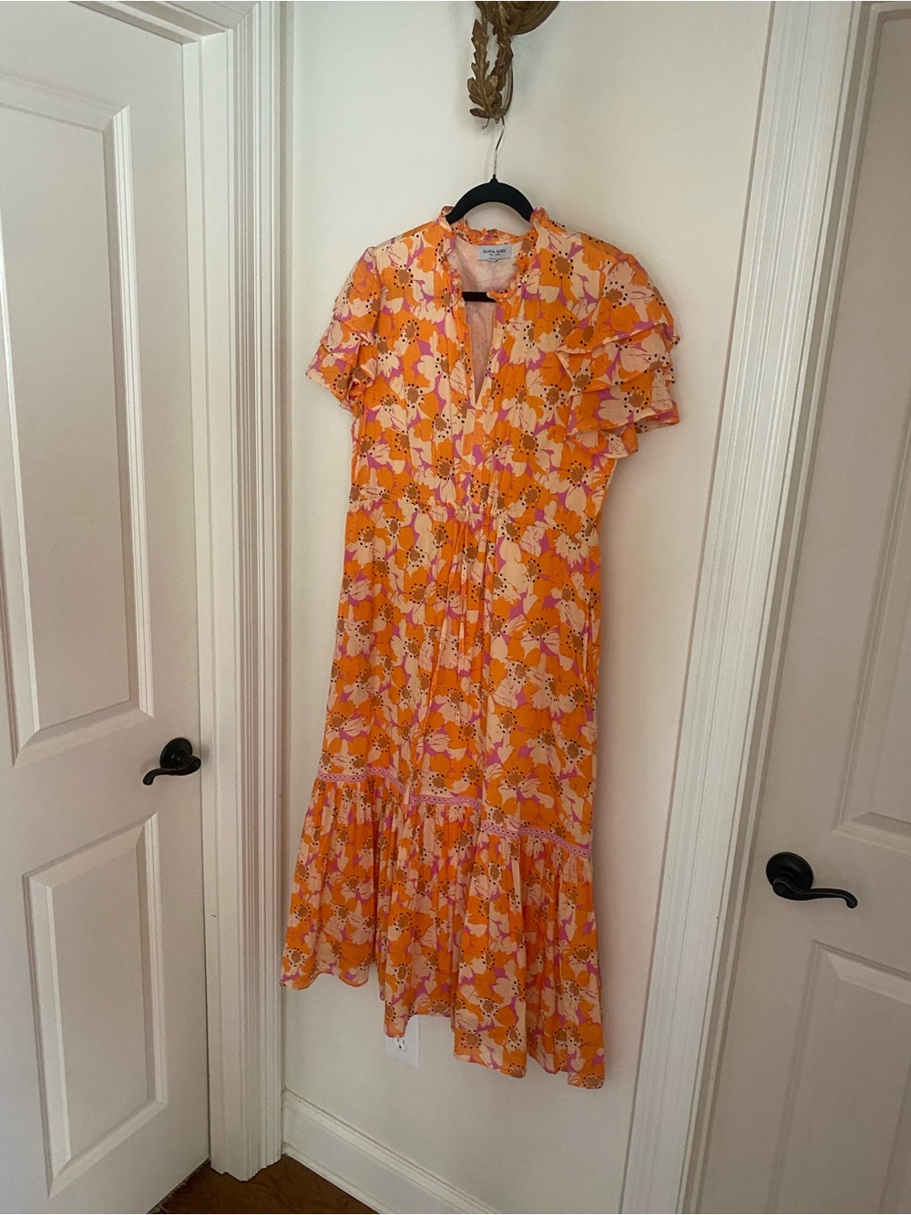 Bright Orange Floral Midi Dress with Pink Accents